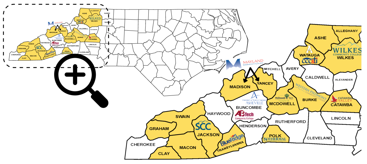zoomed_in_map_3.0_and_updated_apex_with_ihes GEAR UP Service Area Map with partner districts highlighted and IHEs marked