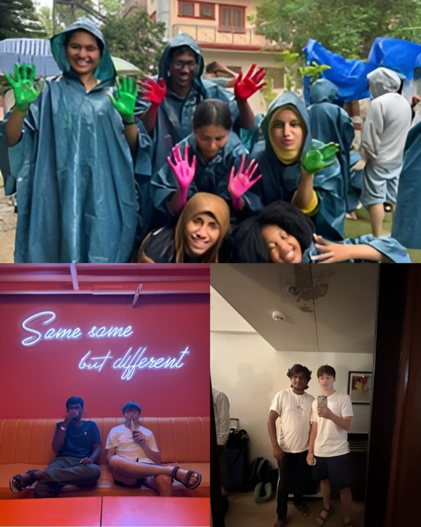A photo collage showing three images. The top image shows Kacen with 5 friends all wearing ponchos and posing in the rain. The bottom left photo shows Kacen sitting with a friend under a neon sign that reads 'Same same but different.' The bottom right photo shows Kacen and a friend wearing white tshirts and posing in the mirror for a selfie.