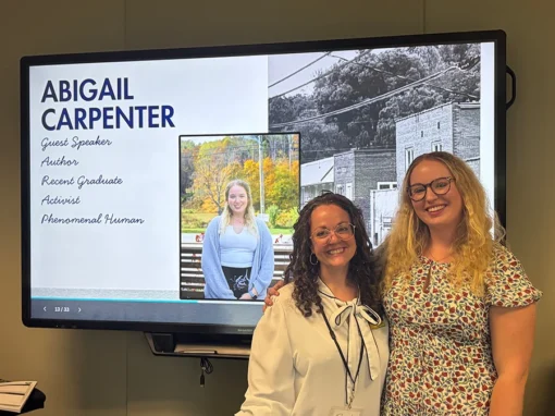 achel Nave-Lewis, assistant director of curriculum and instructional design in App State’s Office of Rural Promise, left, is pictured at a writing training for teachers with guest speaker Abigail Carpenter, a recent graduate of Yale University, as part of her “Echoes from the Mountains: Strengthening Student Resilience After Hurricane Helene” project. A resident of Lansing, Carpenter felt the impact of Hurricane Helene and witnessed the devastation through the lens of someone who was unable to contact her family while watching the news coverage from Connecticut. Carpenter spoke of the power of writing and collecting community members’ voices to share their stories of loss, hope and resilience.